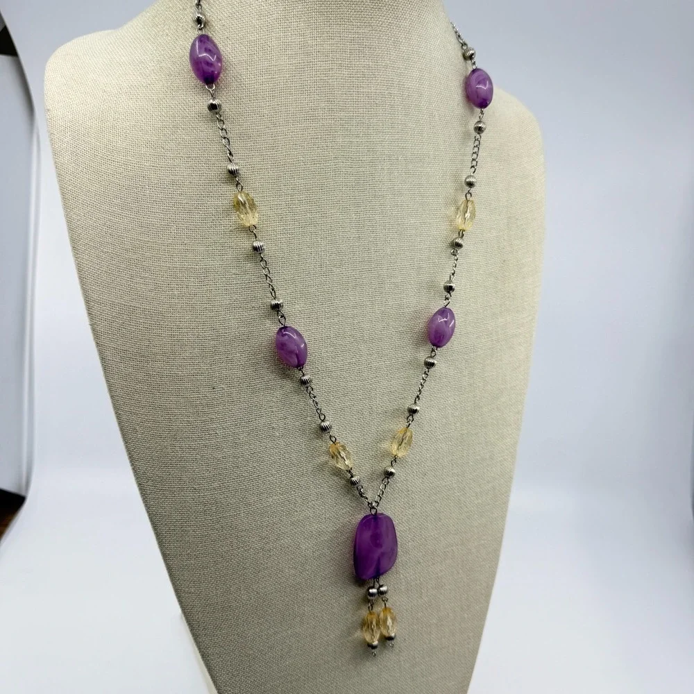Necklace Vintage Y Drop Purple Yellow Beads Silver Tone Boho Statement Pendant